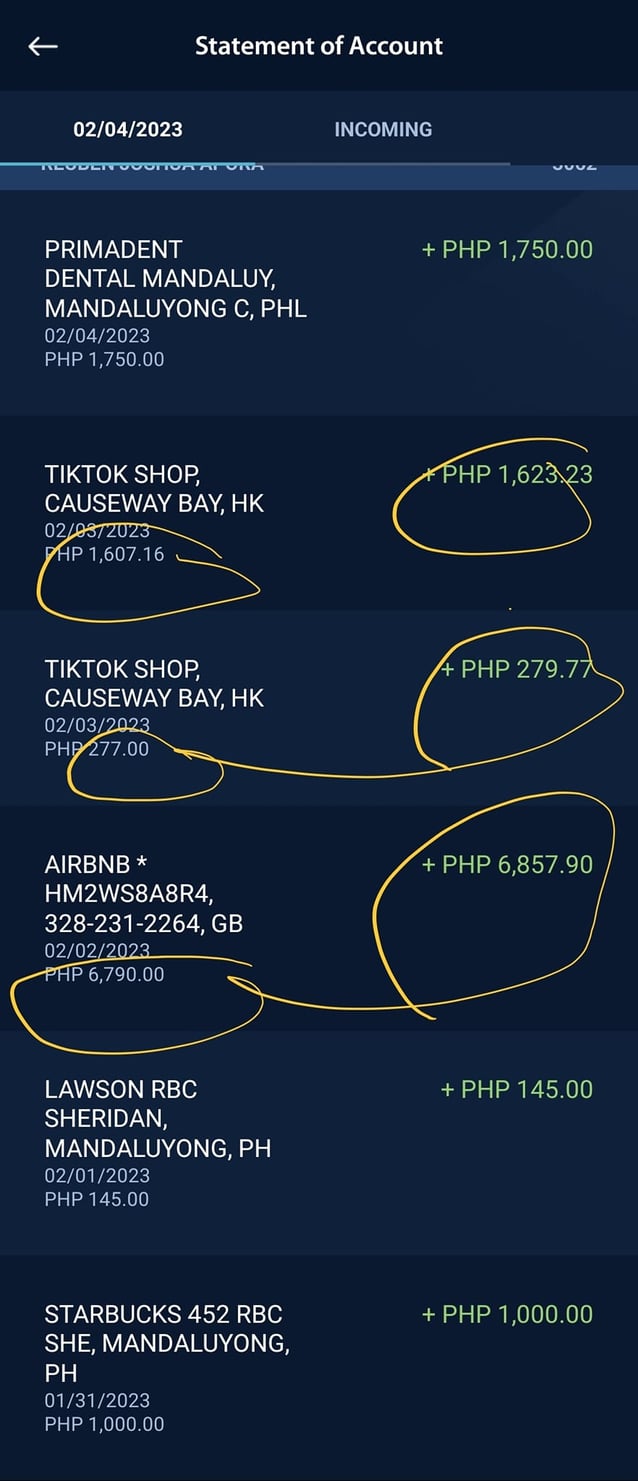 Metrobank credit card statement of account example - list of transactions