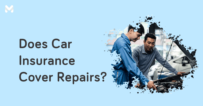 Two men examining a car with the text "Does car insurance cover repairs?" displayed at the left