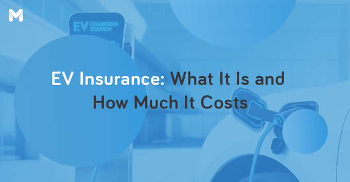 EV Insurance: What It Is and How Much It Costs text on a blue background of an EV charging station