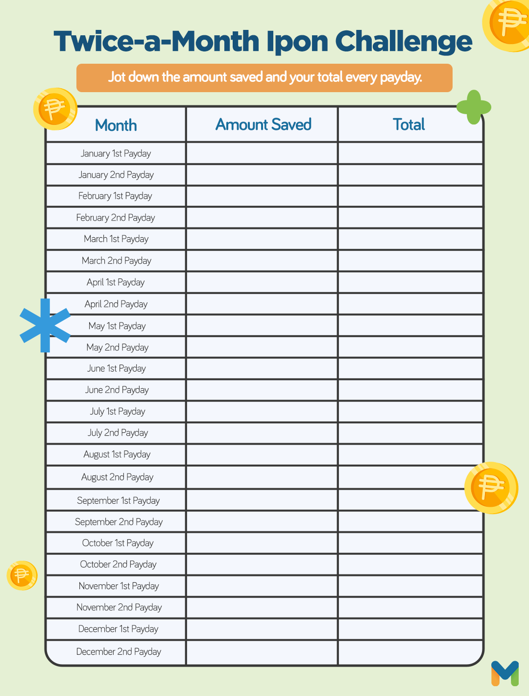 ipon challenge 2023 - twice-a-month ipon challenge printable chart by Moneymax